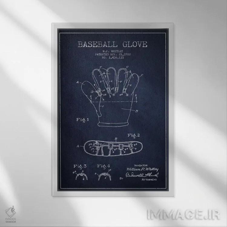 تابلو نقشهٔ ثبت اختراع دستکش بیسبال (آبی سرمهای) اثر پیکسل کهنه (استودیو/نام هنری) - نمای قابدار سفید