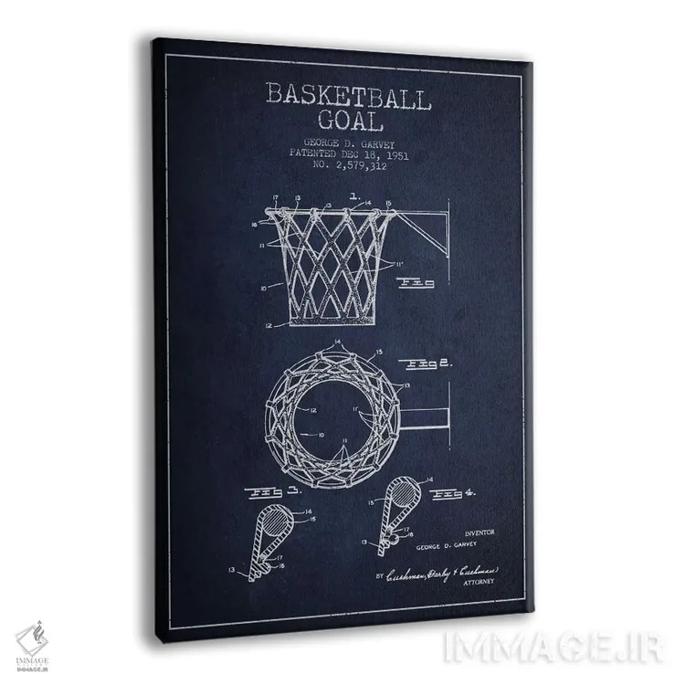 تابلو نقشهٔ ثبت اختراع حلقه بسکتبال (آبی سرمهای) اثر پیکسل کهنه (استودیو/نام هنری) - نمای پرسپکتیو محصول