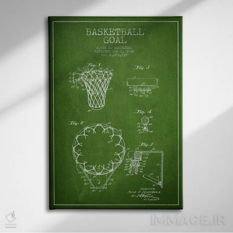 تابلو نقشهٔ ثبت اختراع حلقه بسکتبال (سبز) اثر پیکسل کهنه (استودیو/نام هنری) - نمای روبهرو روی دیوار