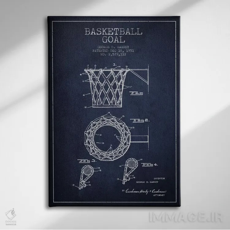 تابلو نقشهٔ ثبت اختراع حلقه بسکتبال (آبی سرمهای) اثر پیکسل کهنه (استودیو/نام هنری) - نمای روبهرو روی دیوار