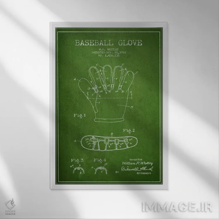 تابلو نقشهٔ ثبت اختراع دستکش بیسبال (سبز) اثر پیکسل کهنه (استودیو/نام هنری) - نمای قابدار سفید