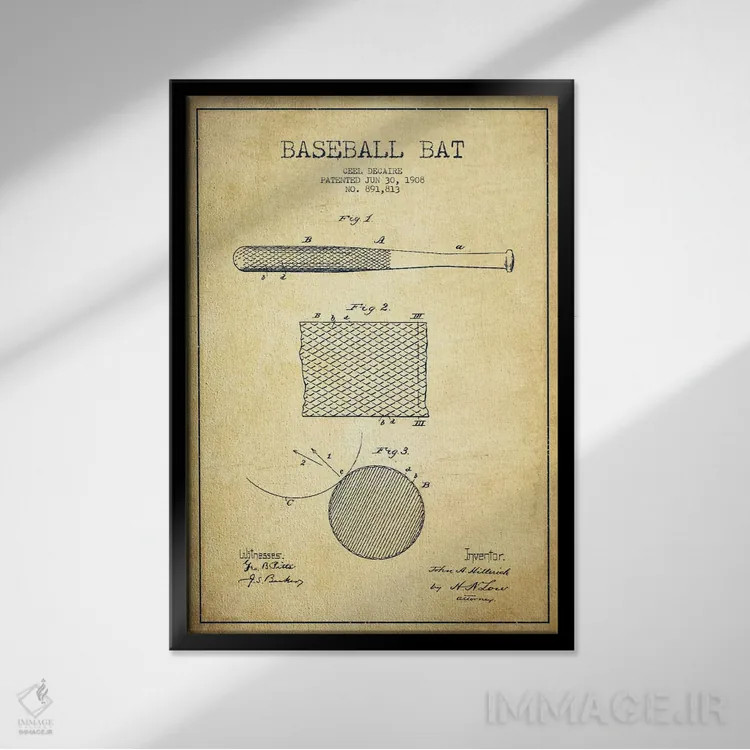 تابلو نقشهٔ ثبت اختراع چوب بیسبال قدیمی اثر پیکسل کهنه (استودیو/نام هنری) - نمای قابدار مشکی