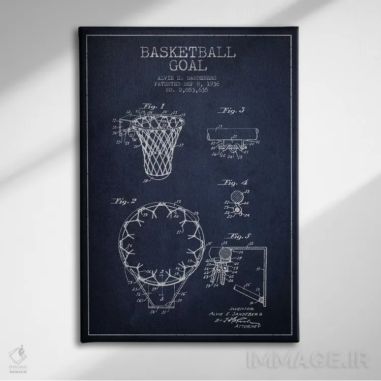 تابلو نقشهٔ ثبت اختراع حلقه بسکتبال (آبی سرمهای) اثر پیکسل کهنه (استودیو/نام هنری) - نمای روبهرو روی دیوار