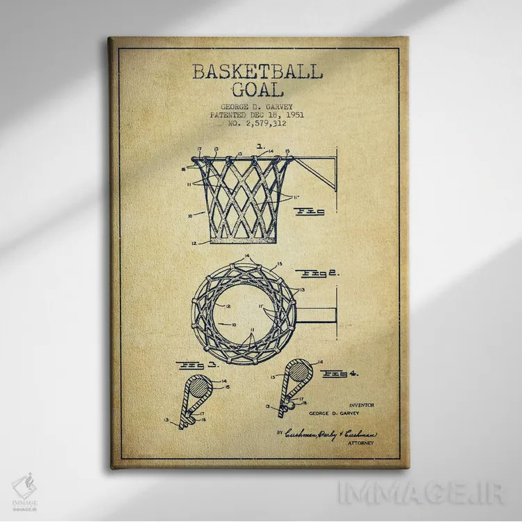 تابلو نقشهٔ ثبت اختراع حلقه بسکتبال قدیمی اثر پیکسل کهنه (استودیو/نام هنری) - نمای روبهرو روی دیوار