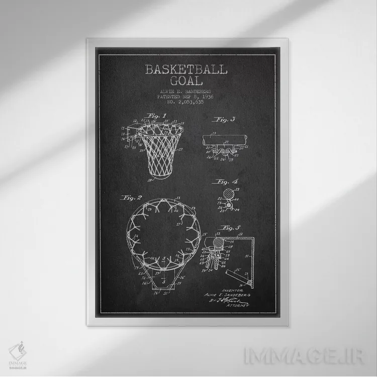 تابلو نقشهٔ ثبت اختراع حلقه بسکتبال (زغالسنگی) اثر پیکسل کهنه (استودیو/نام هنری) - نمای قابدار سفید