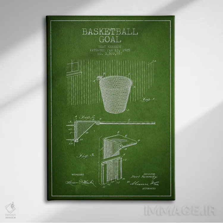تابلو نقشهٔ ثبت اختراع حلقه بسکتبال (سبز) اثر پیکسل کهنه (استودیو/نام هنری) - نمای روبهرو روی دیوار