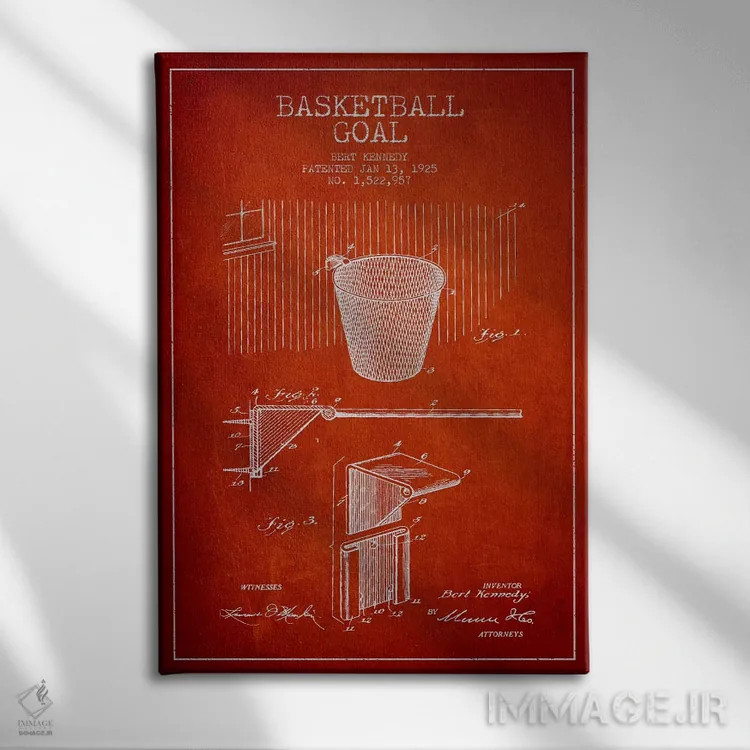 تابلو نقشهٔ ثبت اختراع حلقه بسکتبال (قرمز) اثر پیکسل کهنه (استودیو/نام هنری) - نمای روبهرو روی دیوار