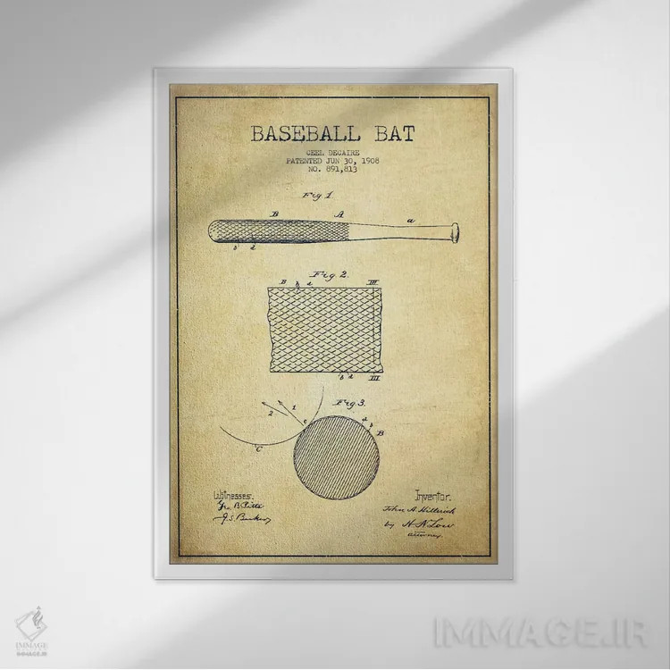 تابلو نقشهٔ ثبت اختراع چوب بیسبال قدیمی اثر پیکسل کهنه (استودیو/نام هنری) - نمای قابدار سفید