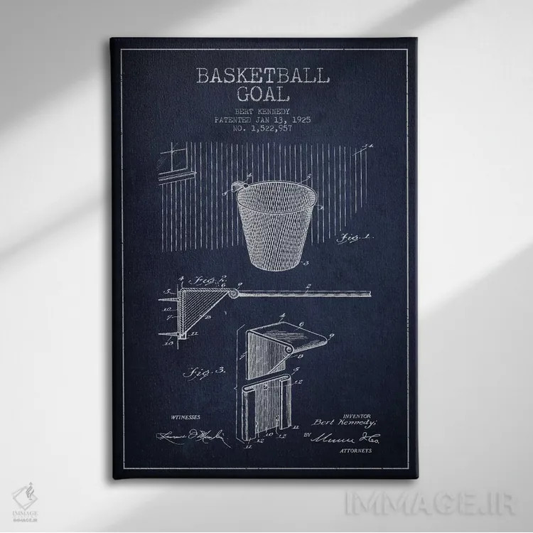 تابلو نقشهٔ ثبت اختراع حلقه بسکتبال (آبی سرمهای) اثر پیکسل کهنه (استودیو/نام هنری) - نمای روبهرو روی دیوار