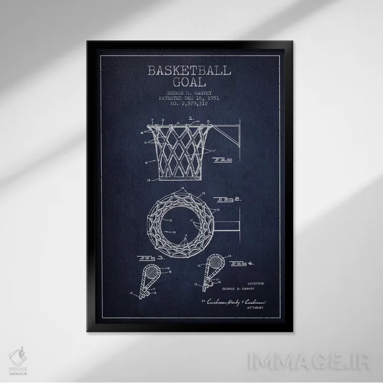 تابلو نقشهٔ ثبت اختراع حلقه بسکتبال (آبی سرمهای) اثر پیکسل کهنه (استودیو/نام هنری) - نمای قابدار مشکی