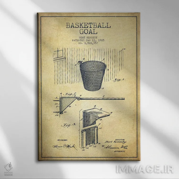 تابلو نقشهٔ ثبت اختراع حلقه بسکتبال قدیمی اثر پیکسل کهنه (استودیو/نام هنری) - نمای روبهرو روی دیوار