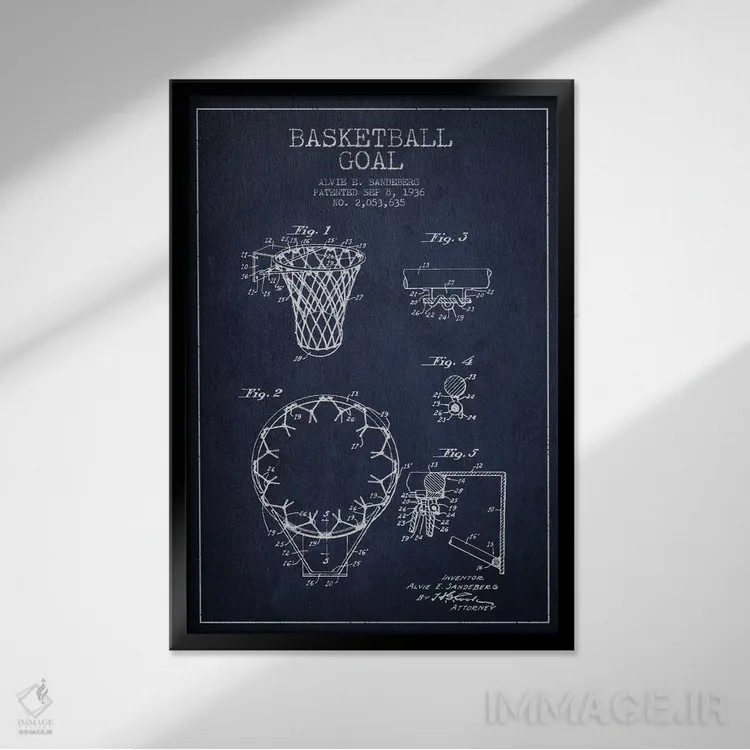 تابلو نقشهٔ ثبت اختراع حلقه بسکتبال (آبی سرمهای) اثر پیکسل کهنه (استودیو/نام هنری) - نمای قابدار مشکی