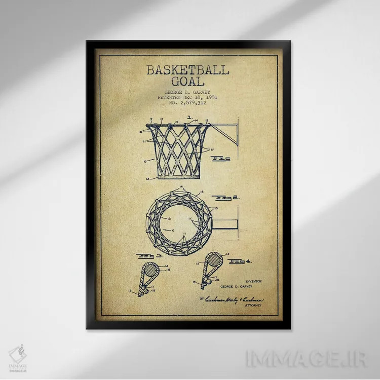 تابلو نقشهٔ ثبت اختراع حلقه بسکتبال قدیمی اثر پیکسل کهنه (استودیو/نام هنری) - نمای قابدار مشکی