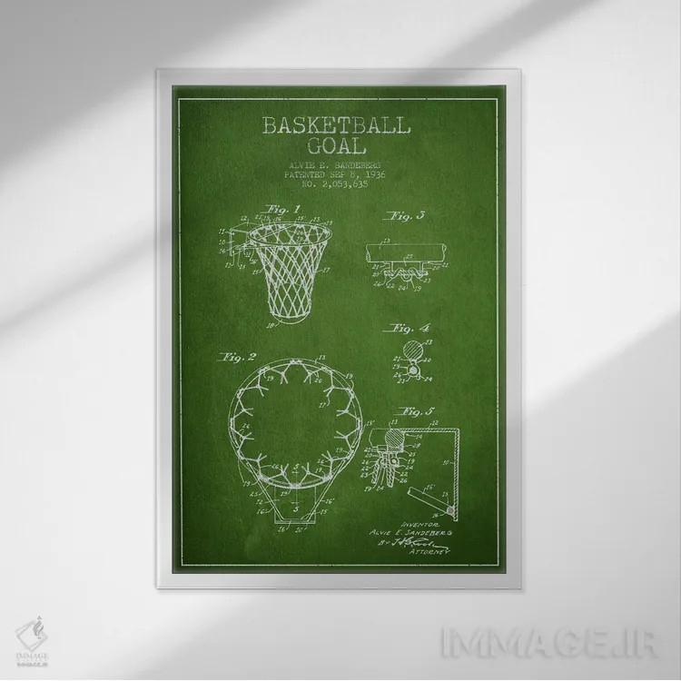 تابلو نقشهٔ ثبت اختراع حلقه بسکتبال (سبز) اثر پیکسل کهنه (استودیو/نام هنری) - نمای قابدار سفید