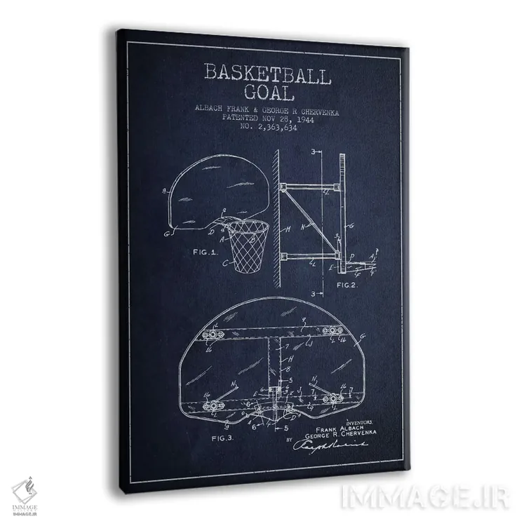 تابلو نقشهٔ ثبت اختراع حلقه بسکتبال (اثر F. Albach و G.R. Chervenka) (آبی سرمهای) اثر پیکسل کهنه (استودیو/نام هنری) - نمای پرسپکتیو محصول