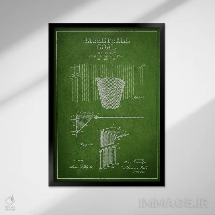 تابلو نقشهٔ ثبت اختراع حلقه بسکتبال (سبز) اثر پیکسل کهنه (استودیو/نام هنری) - نمای قابدار مشکی