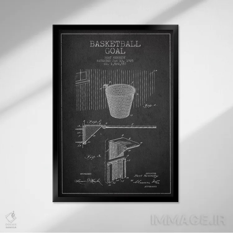 تابلو نقشهٔ ثبت اختراع حلقه بسکتبال (زغالسنگی) اثر پیکسل کهنه (استودیو/نام هنری) - نمای قابدار مشکی