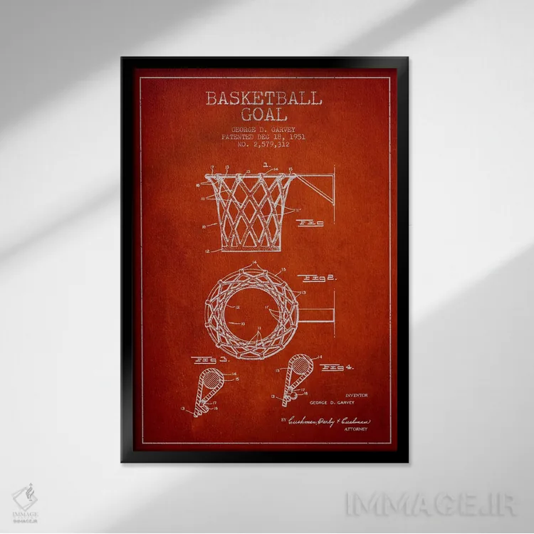 تابلو نقشهٔ ثبت اختراع حلقه بسکتبال (قرمز) اثر پیکسل کهنه (استودیو/نام هنری) - نمای قابدار مشکی