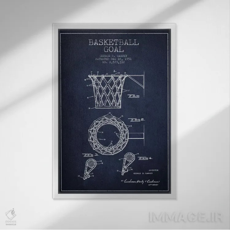 تابلو نقشهٔ ثبت اختراع حلقه بسکتبال (آبی سرمهای) اثر پیکسل کهنه (استودیو/نام هنری) - نمای قابدار سفید