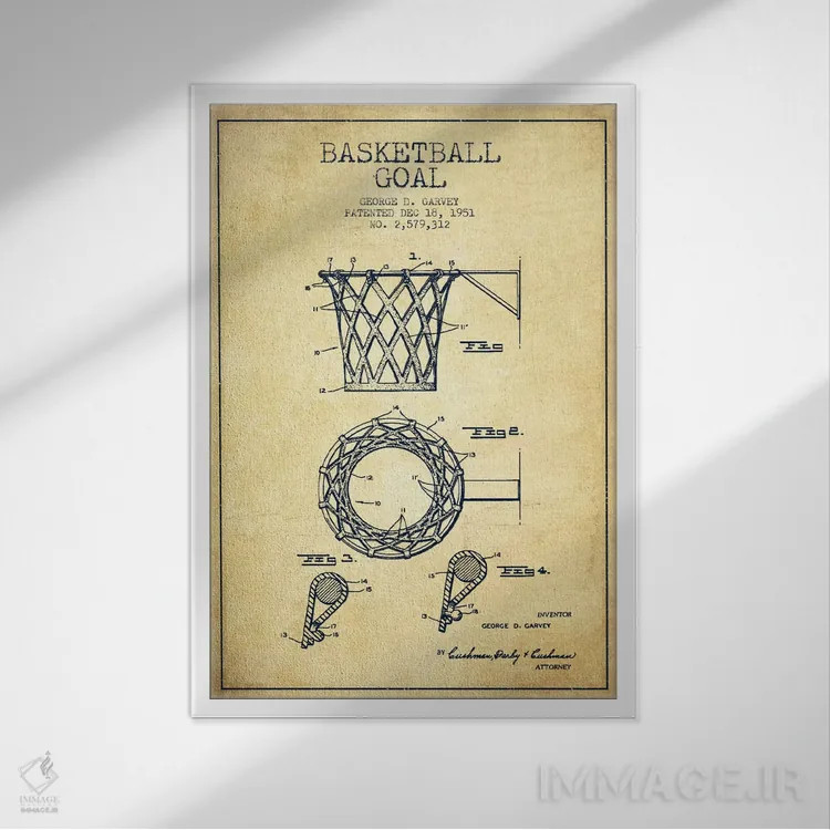 تابلو نقشهٔ ثبت اختراع حلقه بسکتبال قدیمی اثر پیکسل کهنه (استودیو/نام هنری) - نمای قابدار سفید