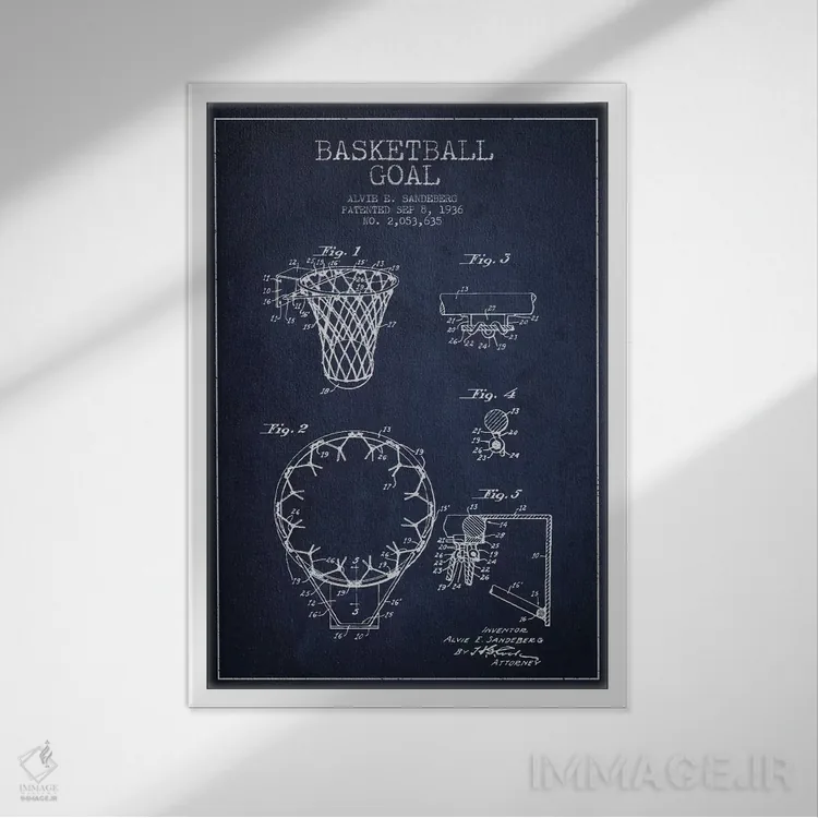 تابلو نقشهٔ ثبت اختراع حلقه بسکتبال (آبی سرمهای) اثر پیکسل کهنه (استودیو/نام هنری) - نمای قابدار سفید