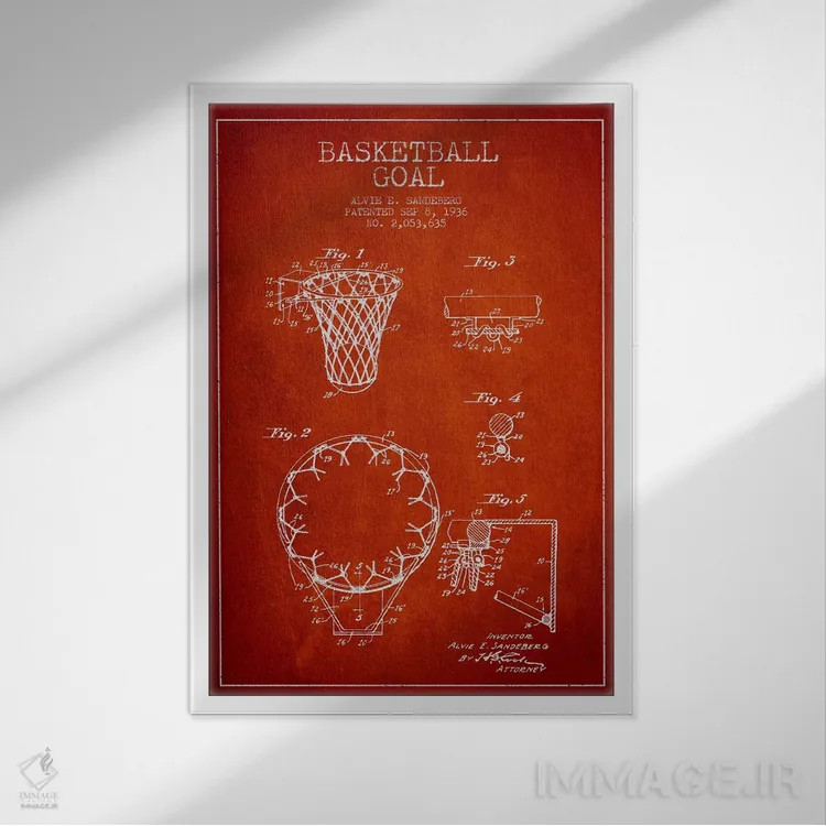 تابلو نقشهٔ ثبت اختراع حلقه بسکتبال (قرمز) اثر پیکسل کهنه (استودیو/نام هنری) - نمای قابدار سفید