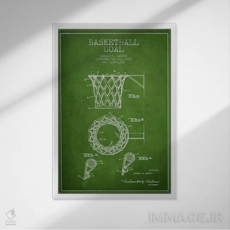 تابلو نقشهٔ ثبت اختراع حلقه بسکتبال (سبز) اثر پیکسل کهنه (استودیو/نام هنری) - نمای قابدار سفید