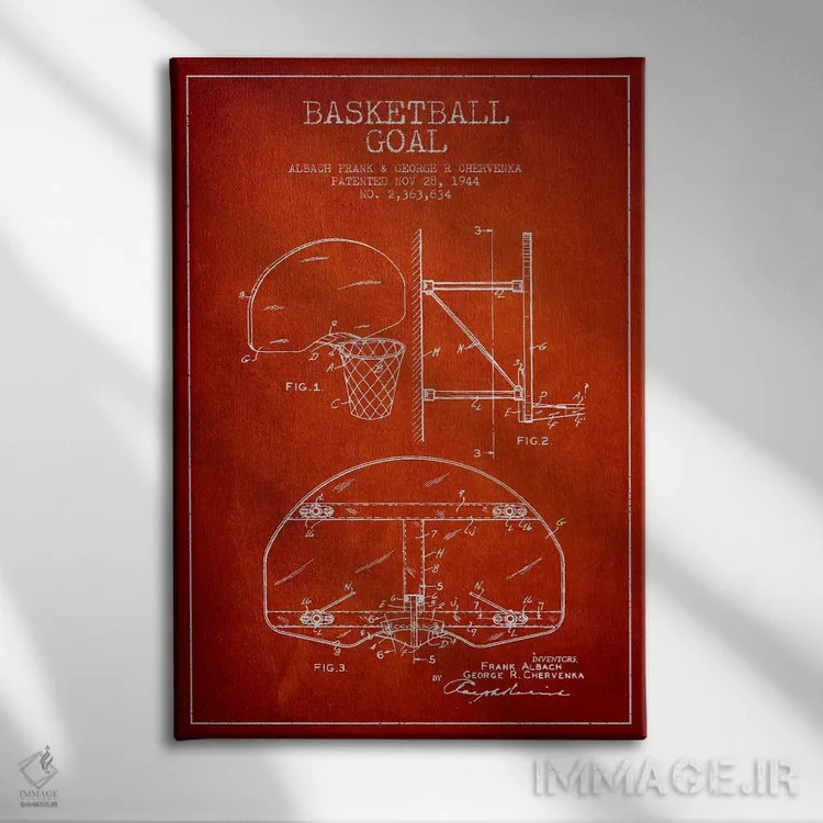 تابلو نقشهٔ ثبت اختراع حلقه بسکتبال (اثر F. Albach و G.R. Chervenka) (قرمز) اثر پیکسل کهنه (استودیو/نام هنری) - نمای روبهرو روی دیوار