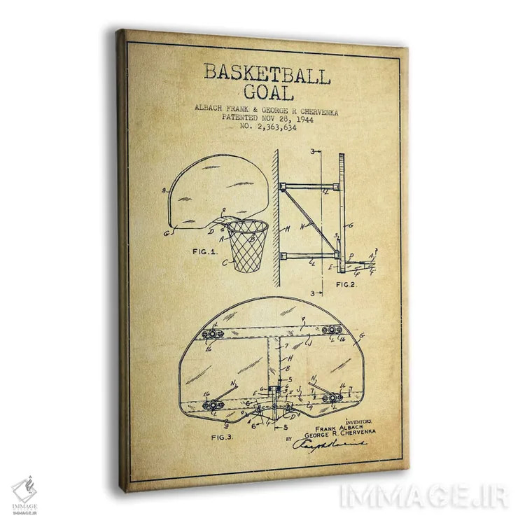 تابلو نقشهٔ ثبت اختراع حلقه بسکتبال (اثر F. Albach و G.R. Chervenka) (قدیمی) اثر پیکسل کهنه (استودیو/نام هنری) - نمای پرسپکتیو محصول