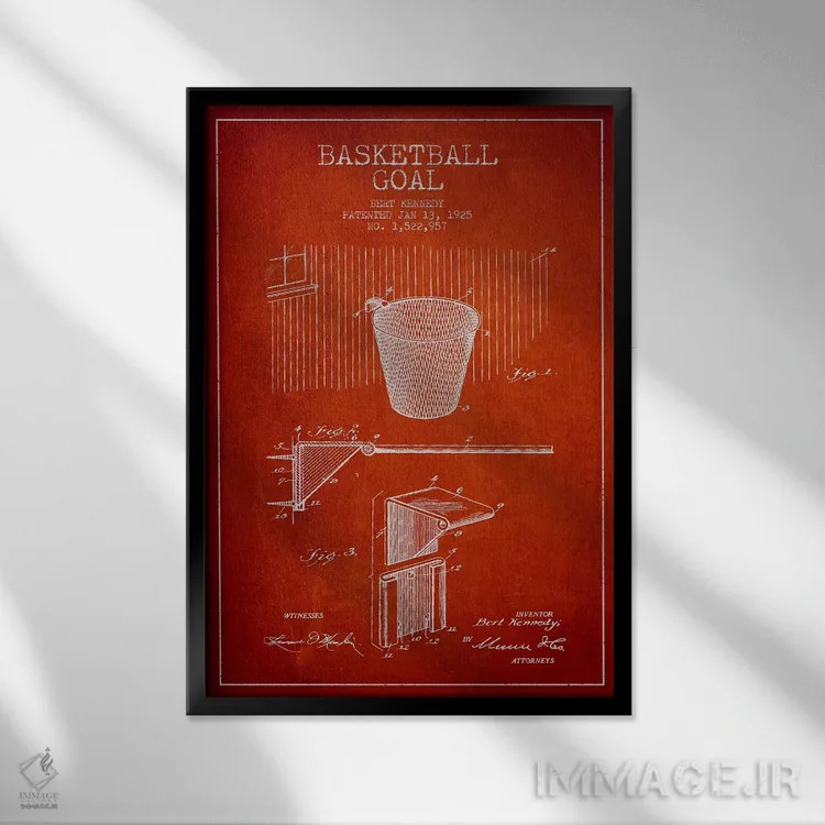 تابلو نقشهٔ ثبت اختراع حلقه بسکتبال (قرمز) اثر پیکسل کهنه (استودیو/نام هنری) - نمای قابدار مشکی