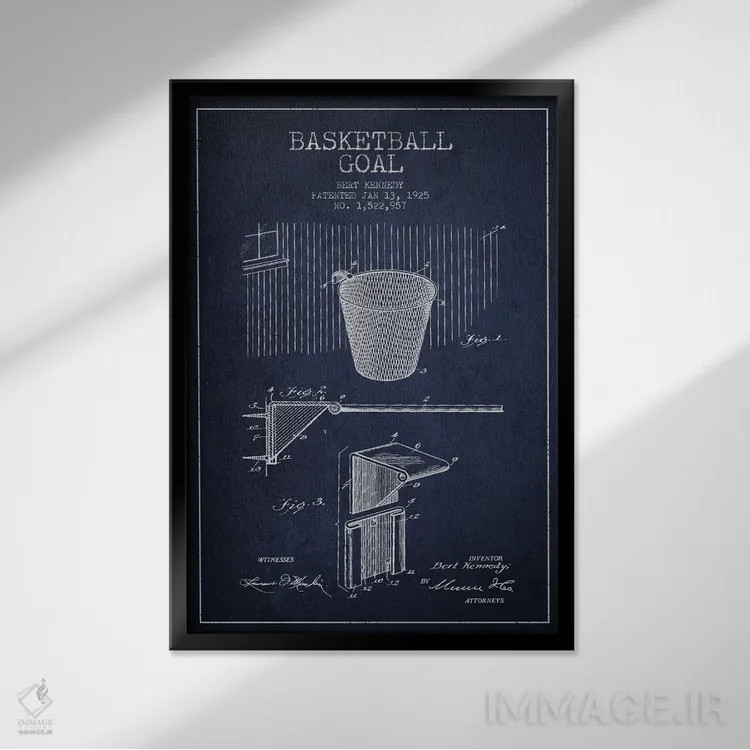 تابلو نقشهٔ ثبت اختراع حلقه بسکتبال (آبی سرمهای) اثر پیکسل کهنه (استودیو/نام هنری) - نمای قابدار مشکی