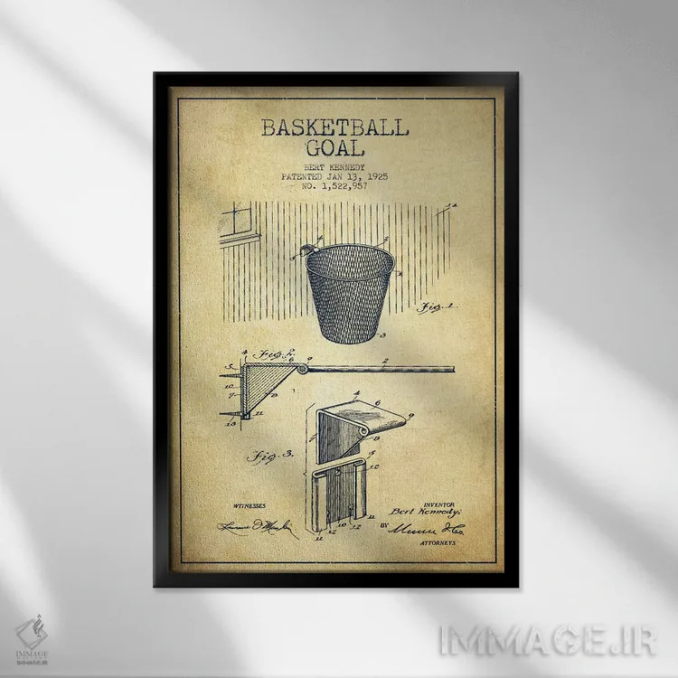 تابلو نقشهٔ ثبت اختراع حلقه بسکتبال قدیمی اثر پیکسل کهنه (استودیو/نام هنری) - نمای قابدار مشکی