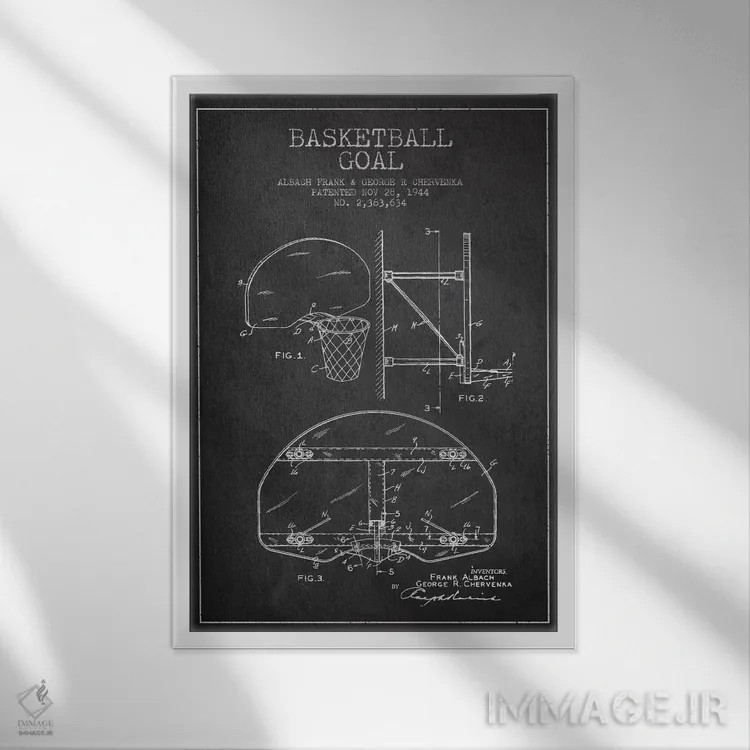 تابلو نقشهٔ ثبت اختراع حلقه بسکتبال (اثر F. Albach و G.R. Chervenka) (زغالسنگی) اثر پیکسل کهنه (استودیو/نام هنری) - نمای قابدار سفید