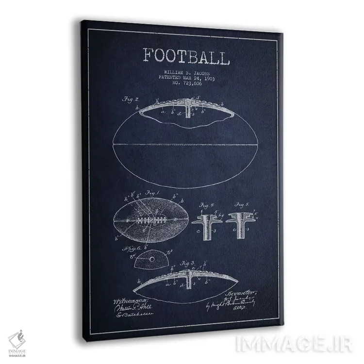 تابلو نقشهٔ ثبت اختراع توپ فوتبال (تمام آبی سرمهای) اثر پیکسل کهنه (استودیو/نام هنری) - نمای پرسپکتیو محصول