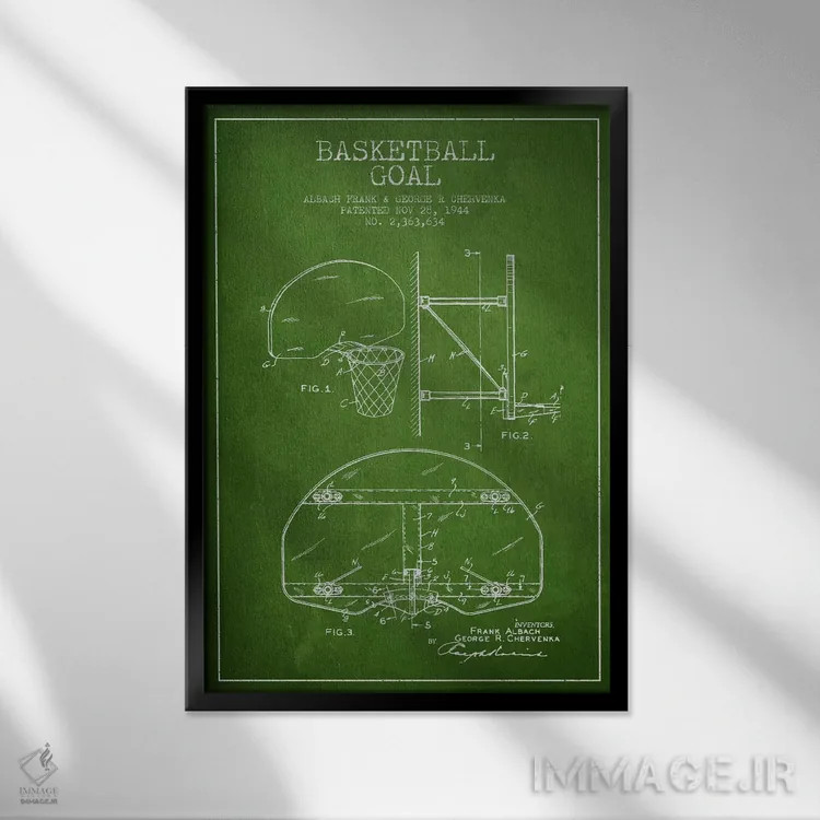 تابلو نقشهٔ ثبت اختراع حلقه بسکتبال (اثر F. Albach و G.R. Chervenka) (سبز) اثر پیکسل کهنه (استودیو/نام هنری) - نمای قابدار مشکی