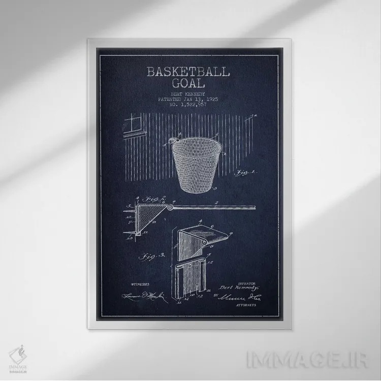 تابلو نقشهٔ ثبت اختراع حلقه بسکتبال (آبی سرمهای) اثر پیکسل کهنه (استودیو/نام هنری) - نمای قابدار سفید