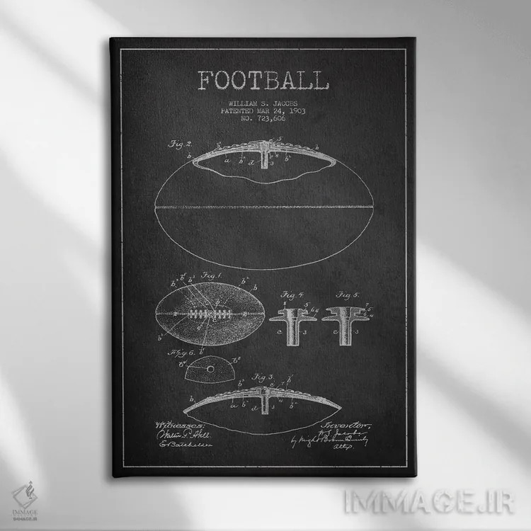 تابلو نقشهٔ ثبت اختراع توپ فوتبال (زغالسنگی) اثر پیکسل کهنه (استودیو/نام هنری) - نمای روبهرو روی دیوار