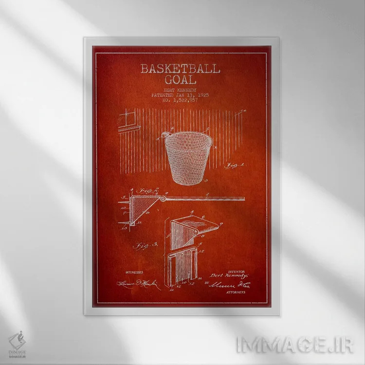 تابلو نقشهٔ ثبت اختراع حلقه بسکتبال (قرمز) اثر پیکسل کهنه (استودیو/نام هنری) - نمای قابدار سفید