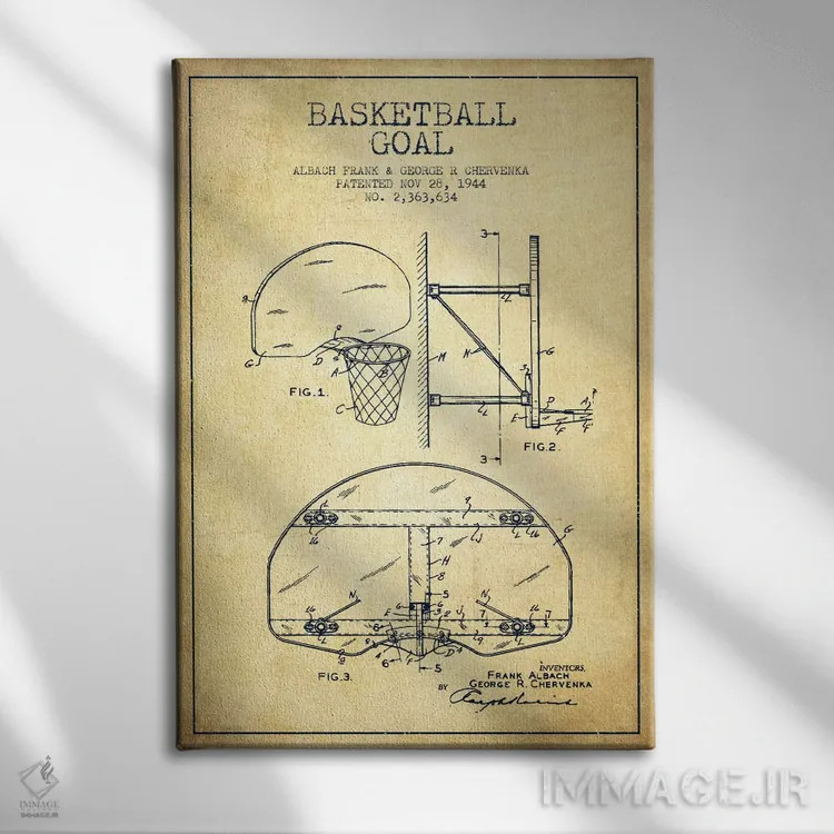 تابلو نقشهٔ ثبت اختراع حلقه بسکتبال (اثر F. Albach و G.R. Chervenka) (قدیمی) اثر پیکسل کهنه (استودیو/نام هنری) - نمای روبهرو روی دیوار