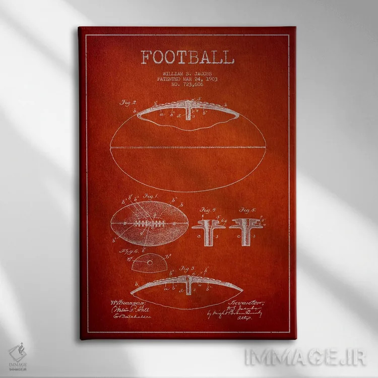تابلو نقشهٔ ثبت اختراع توپ فوتبال (قرمز) اثر پیکسل کهنه (استودیو/نام هنری) - نمای روبهرو روی دیوار