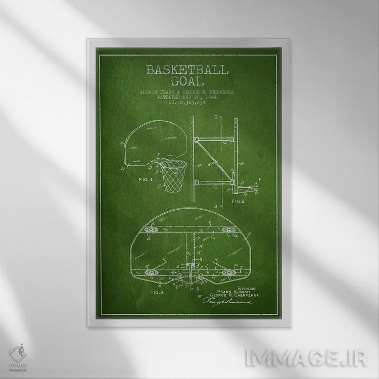 تابلو نقشهٔ ثبت اختراع حلقه بسکتبال (اثر F. Albach و G.R. Chervenka) (سبز) اثر پیکسل کهنه (استودیو/نام هنری) - نمای قابدار سفید