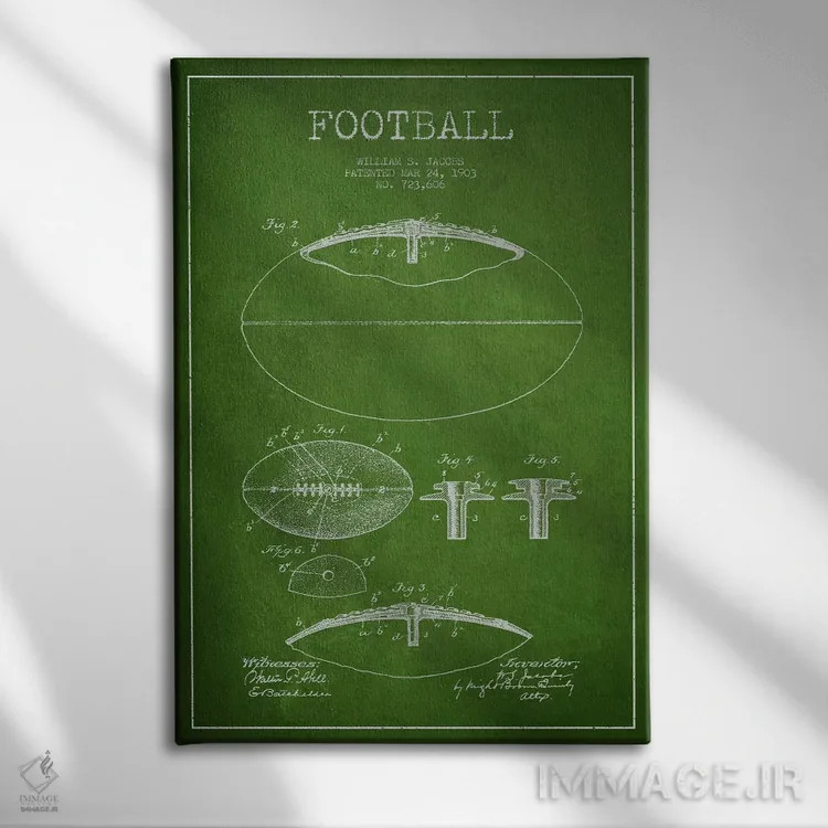 تابلو نقشهٔ ثبت اختراع توپ فوتبال (سبز) اثر پیکسل کهنه (استودیو/نام هنری) - نمای روبهرو روی دیوار