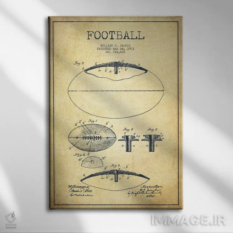تابلو نقشهٔ ثبت اختراع توپ فوتبال قدیمی اثر پیکسل کهنه (استودیو/نام هنری) - نمای روبهرو روی دیوار