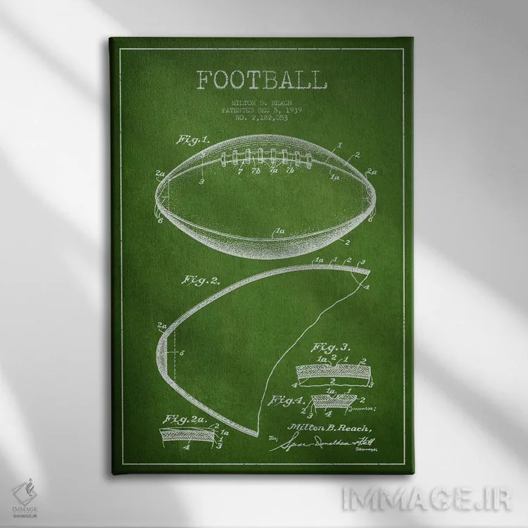 تابلو نقشهٔ ثبت اختراع توپ فوتبال (سبز) اثر پیکسل کهنه (استودیو/نام هنری) - نمای روبهرو روی دیوار