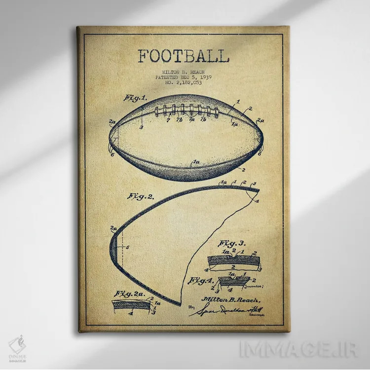 تابلو نقشهٔ ثبت اختراع توپ فوتبال قدیمی اثر پیکسل کهنه (استودیو/نام هنری) - نمای روبهرو روی دیوار