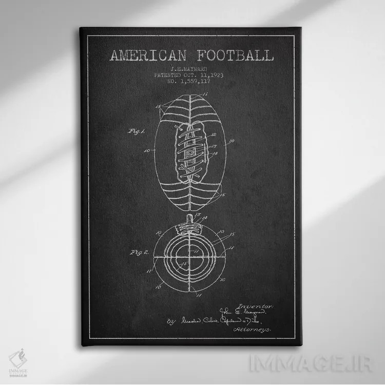 تابلو نقشهٔ ثبت اختراع توپ فوتبال (زغالسنگی) اثر پیکسل کهنه (استودیو/نام هنری) - نمای روبهرو روی دیوار