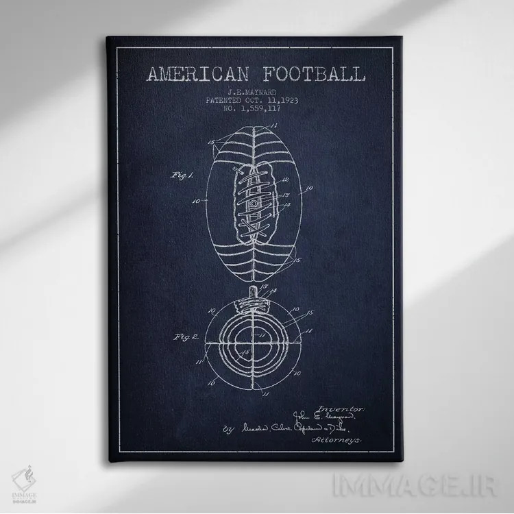 تابلو نقشهٔ ثبت اختراع توپ فوتبال (آبی سرمهای) اثر پیکسل کهنه (استودیو/نام هنری) - نمای روبهرو روی دیوار