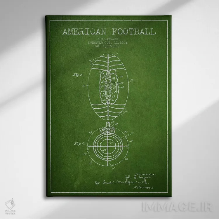 تابلو نقشهٔ ثبت اختراع توپ فوتبال (سبز) اثر پیکسل کهنه (استودیو/نام هنری) - نمای روبهرو روی دیوار