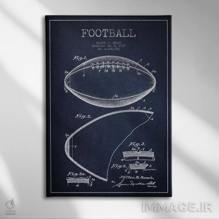 تابلو نقشهٔ ثبت اختراع توپ فوتبال (آبی سرمهای) اثر پیکسل کهنه (استودیو/نام هنری) - نمای روبهرو روی دیوار