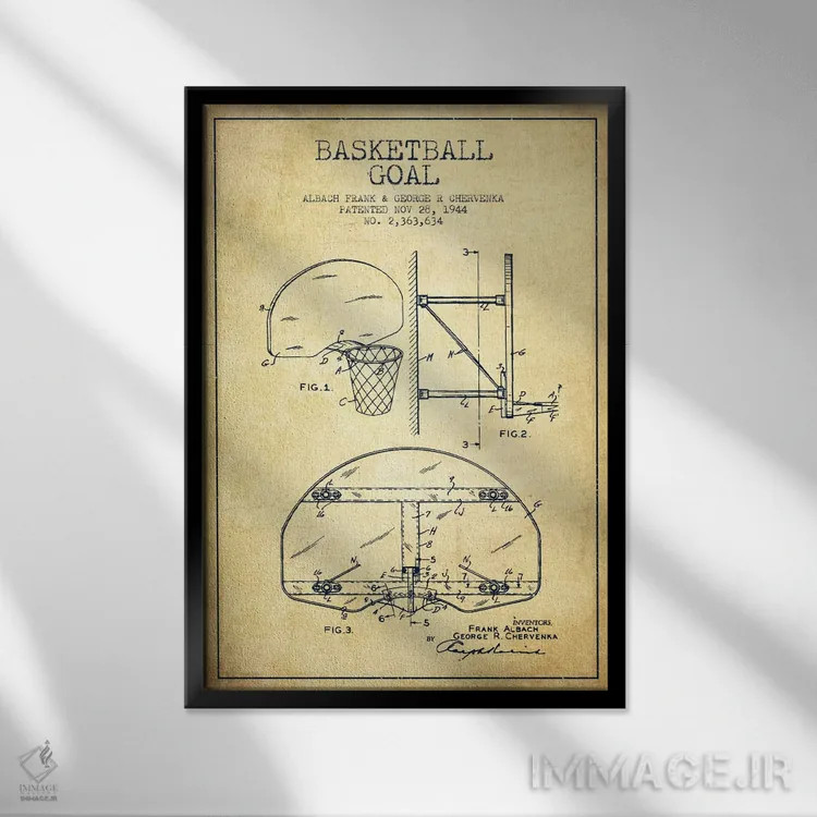 تابلو نقشهٔ ثبت اختراع حلقه بسکتبال (اثر F. Albach و G.R. Chervenka) (قدیمی) اثر پیکسل کهنه (استودیو/نام هنری) - نمای قابدار مشکی